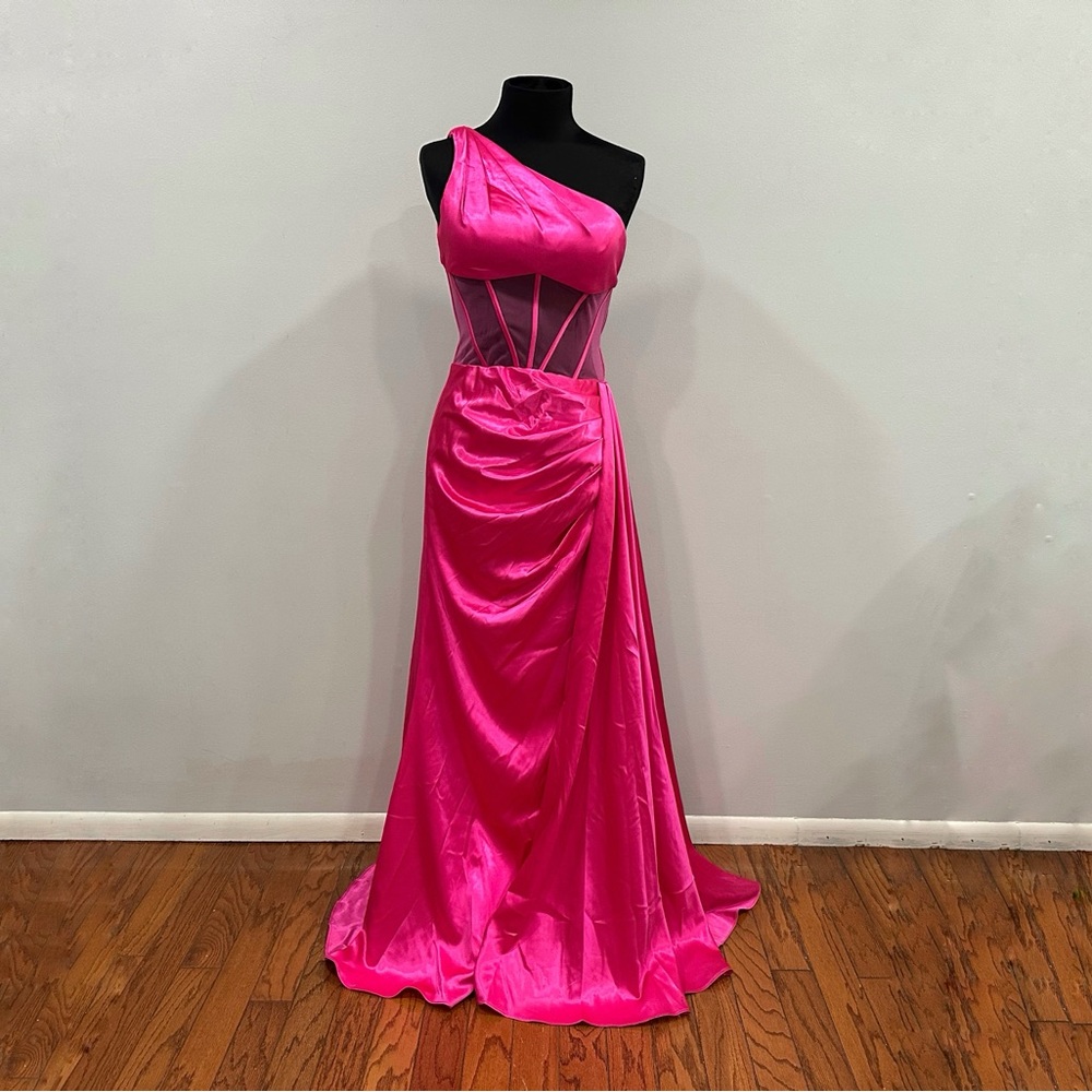 Sherri Hill 55388 Hot Pink One Shoulder Sheer Bodice Gown Sz 6